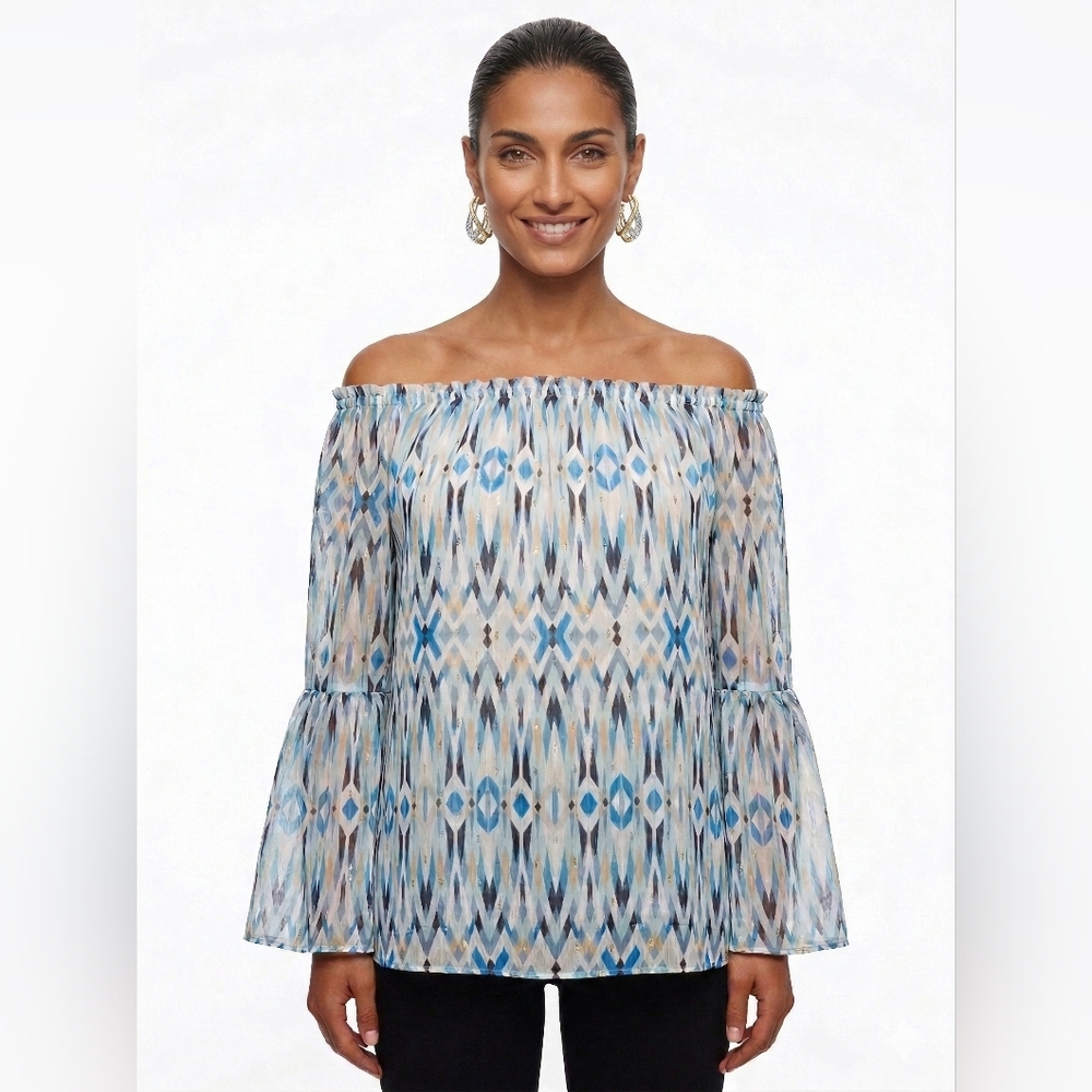 WHBM Blue Patterned Sheer Off-Shoulder Bell-Sleeve Top Size M